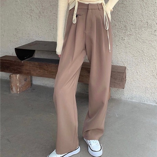 褐色高腰垂感阔腿西装长裤